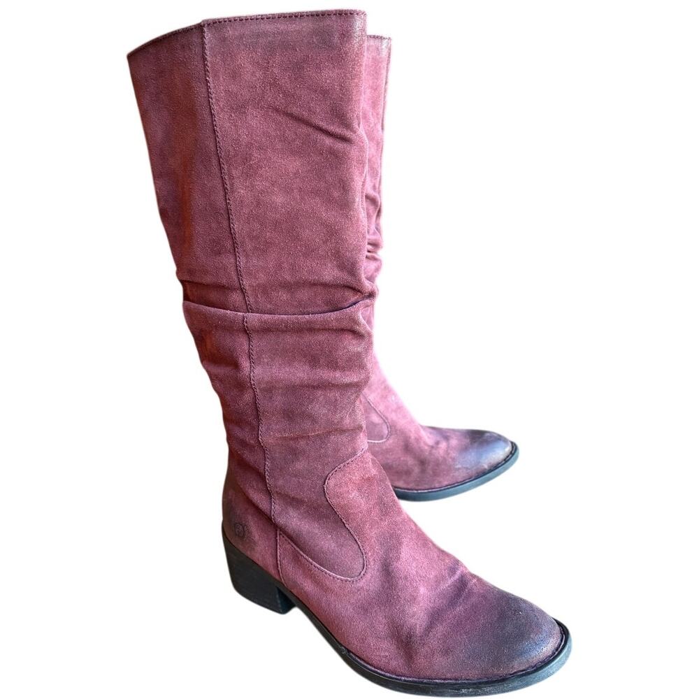 Born Slouchy Suede Knee Boots with Distressed Patina Side Zips Burgundy size 9.5